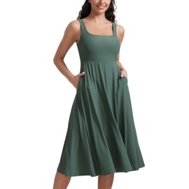 CRZ YOGA Cloudweight Double Lined Square Neck Midi Dresses for Women Casual Summer Sleeveless Outfits with Side Pockets Graphite Green Small