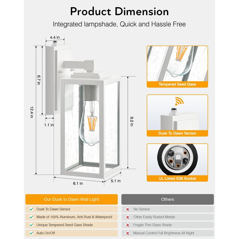 VIANIS 2 Pack White Dusk to Dawn Outdoor Wall Lantern,