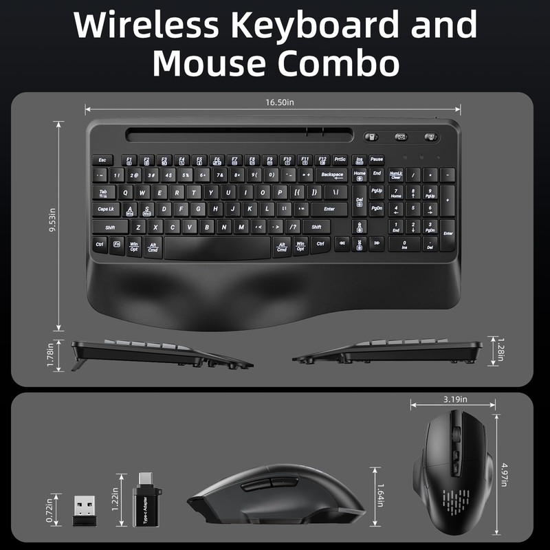Hamile Ergonomic Wireless Keyboard and Mouse Combo, Wave Keys Full