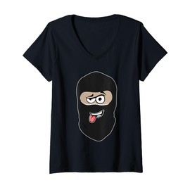 Womens Friendly Thief Mask Tongue Out Bank Robber Gangster Kids Men V-Neck T-Shirt