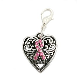 JewelleryJoy Filigree Heart Dangle Bead Lobster Silver European Charm Chain Bracelets in Organza Gift Bag (Pink Ribbon Clip on)