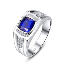Bonlavie Men's Ring Blue Sapphire CZ 925 Sterling Silver Engagement Ring Wedding Band Gift Box (L 1/2)