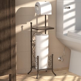 Simple Houseware English Style Bathroom Toilet Tissue Roll Holder Stand with Shelf, Bronze