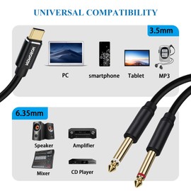 HOSONGIN USB C to 1/4" Audio Cable, Type-C to Dual 6.35mm TS Splitter for iPhone, MacBook, Galaxy, Mixer, Amp, Speaker, 6 Feet