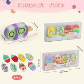 Pack of 8 Children's Erasers, Fruit Flavoured Erasers with Fruit Motif, Cute Erasers with Ice Cream Moulds, Funny Erasers for Children Writing, Drawing