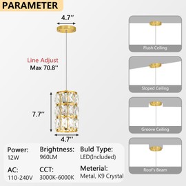 1-Lights Modern Crystal Pendant Lights for Kitchen Island LED Dimmable Glam Pendant Lighting Chandelier for Dining Room Hallway Corner Lamp Gold