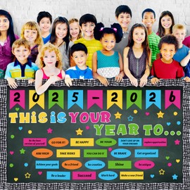 Feifeiya 81 Pcs Welcome Back to School Bulletin Board This is Your Year to Bulletin Board Inspirational Cutouts with White Black Burlap Border for 2025 School Classroom Bulletin Board Wall Door Decor