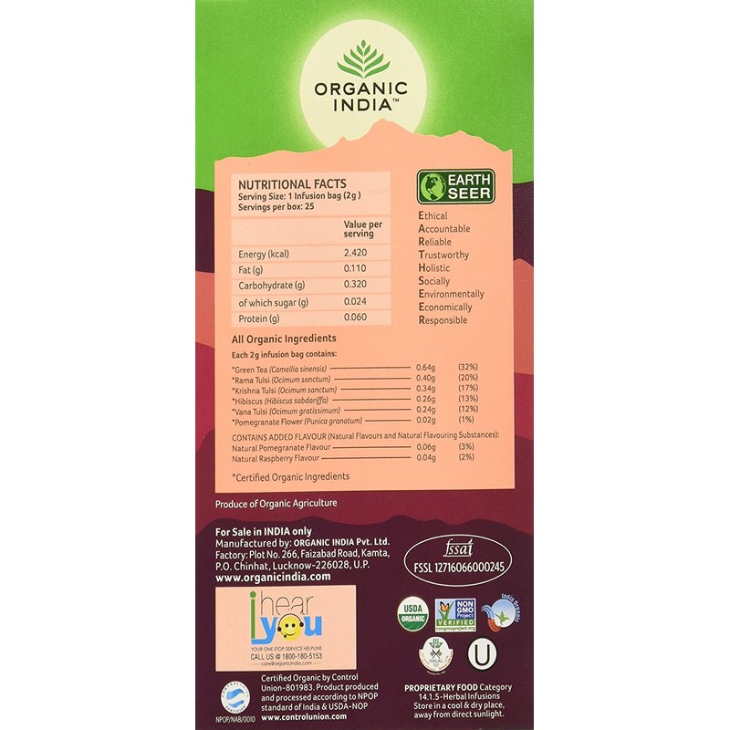 Organic India Tulsi Pomegranate Green Tea 25 Teabags