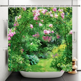 ASDCXZ Garden Shower Curtain 180 x 180 cm, Spring Garden Outdoor Rose Flowers Green Leaves Sunshine Bath Washable Shower Curtains Polyester Textile Waterproof Bath Curtain for Bath with 12 Hooks