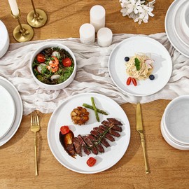 GZG Modern Art Series - 24 Pcs Speckled Stoneware Plates and Bowls Sets, Ceramic Dinnerware Set with Rustic Terracotta Underside, Microwave and Dishwasher Safe Handcrafted Dishes Set - Porcelain White