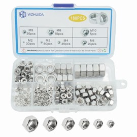 WZHUIDA 180-Piece Hex Nuts Assortment Set, A2-70 Stainless Steel Hexagonal Screw Nuts, M2 M3 M4 M5 M6 M8 M10 DIN934