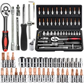 46 PCS Socket Wrench Set, Mechanic Tool Kit Quick-release Ratchet, 1/4" Drive Bit Metric Combination Tools for Auto Repairing & Household with Storage Case