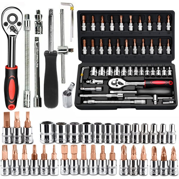 46 PCS Socket Wrench Set, Mechanic Tool Kit Quick-release Ratchet,