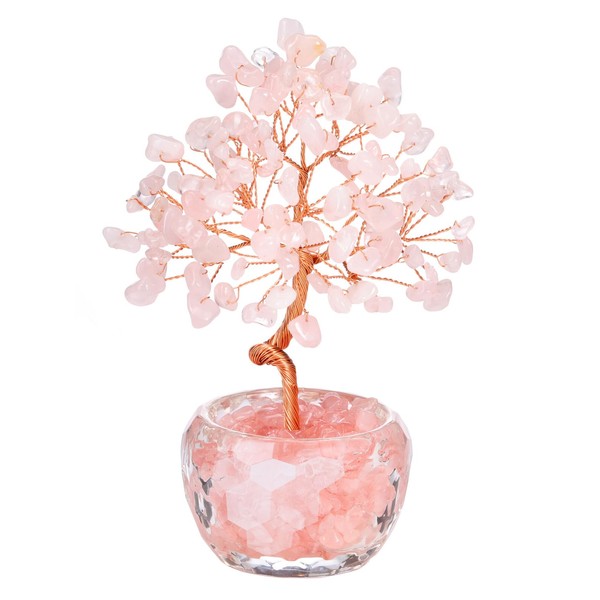 MANIFO Rose Quartz Crystal Tree with Glass Base Gemstone Trees