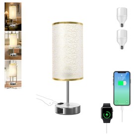 Table Lamp for Bedroom with Touch Control,Bedside Lamp with USB C+A Charging Ports& AC Outlets, Adjustable 3color LED Light for Home Decor/Nightstand/Bedroom/Office,Included Bulb and Fabric Lamp Shade