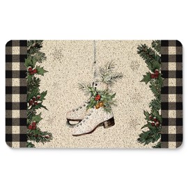 Knibeo Christmas Door Mat, Buffalo Plaid Christmas Skates Door Mat, Christmas Outdoor Mat for Front Door Porch, Christmas Bath Mat, Christmas Front Door Mat, Christmas Welcome Mat, 17x30 Inch