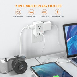 Outlet Extender with USB C, TESSAN Surge Protector Multi Plug Outlet with 4 Plug Splitter, 2 USB A Ports and 1 USB C Port, Multiple Outlet Expander for Home Office Dorm Room Essentials