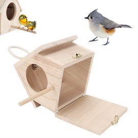 Tissting Outdoor Wooden Bird House, Winter Refuge Hanging Natural Wood Bird House with Roof, Country Houses for Small Birds, Outdoor Garden Craft Decoration