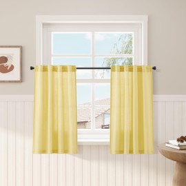 Yellow Linen Cafe Curtains Linen Kitchen Curtains 24 Inch Length 2 Panels Semi Sheer Light Filtering Short Tier Curtain with Back Tab Rod Pocket for Small Windows Cafe Bathroom Over Sink 26Wx24L