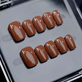 Red-Brown Press on Nails Pure Color Short Square Fake Nails with Designs Full Cover Handmade Press on Nails Muti-Layer Gel Acrylic Nails Solid Color False Nails Stick on Nails for Women (S)