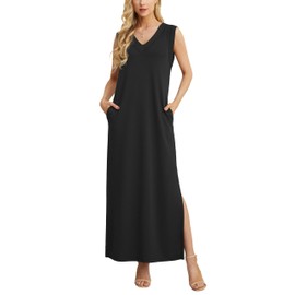 GRECERELLE Women's Summer V-Neck Casual Loose Split Long Maxi Dress with Pockets (XX-Large, Black)