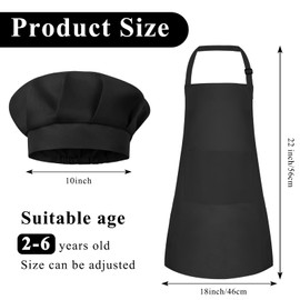 BOUBONI Kids Apron and Chef Hat Set Adjustable Chef Art Apron with 2 Pockets Toddler Chef Hat and Apron for Cooking Baking Painting (Black)