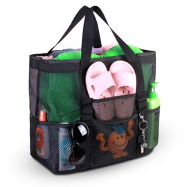 Ritzephyria Extra Large Mesh Beach Bag – Lightweight Mesh Tote Bag with 9 Pockets for Pool, Cruise, Beach Essentials (Black)