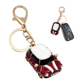 FSTURIOS Car Keychain, 3D Cooper Car Model Key Chain Decorated with Rhinestone, Mini Style Cars Keychain with Metal Ring (Dark Red)