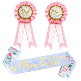 3 PCS Mom & Dad to Be Pin, Mom to Be Sash, Baby Shower Sash, Maternity Sash, Baby Shower Maternity Keepsake Gifts (Pink)