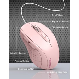 TECKNET Wired Mouse, Mice Wired Optical USB Computer Mouse With 3600 DPI Tracking, Gaming Grade Sensor, 6 Buttons, Business Office Mouse PC/Laptop, Great Mouse for Graphic Design (Pink, Medium)