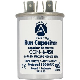 Appli Parts Run Capacitor for ac 6 Mfd uF (microfarads) 370 VAC or 450 VAC CBB65 Round Universal fit for hvac and other applications 2-1/2 in High 1-1/2 in Wide CON-6-450