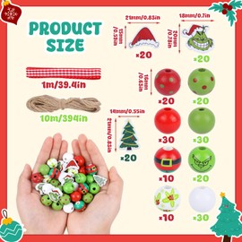 232Pcs Christmas Wooden Beads with Jute Twine Red Green Round Craft Beads Hanging Santa Christmas Tree Deer Candy Snowman Beads for Xmas DIY Party Hanging Ornament Supplies