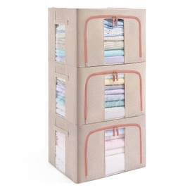GuliPostan 3 Pack 100L Stackable Clothes Storage Bins with Metal Frame Handles & Zipper, Collapsible Closet Organizer Box with Lid for Bedding Blankets Towel (Beige)