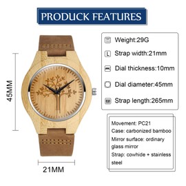 MicLee Men's Women's Wrist Watches, Women's Bamboo Wood Watch, Tree of Life Pattern Wooden Watch, with Leather Band, Natural Wood Quartz Watch, Decorative Casual Watch