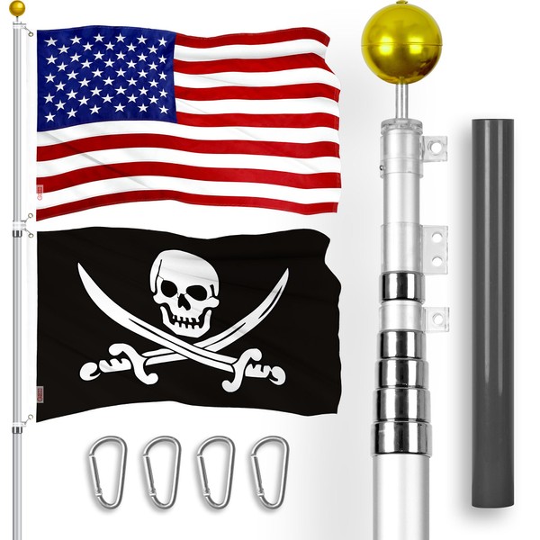 G128 Combo Pack: 25 Ft Telescoping Aluminum Flagpole (Silver) &