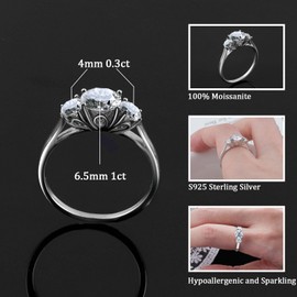 Three Stone Moissanite Ring for Women - 925 Sterling Silver 1.6CT 3 Stone Moissanite Engagement Ring D-color VVS1 Wedding Anniversary Rings (9)