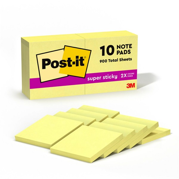 Post-It Super Sticky Notes, 3 X 3-Inches, Canary Yellow, 10-Pads/Pack