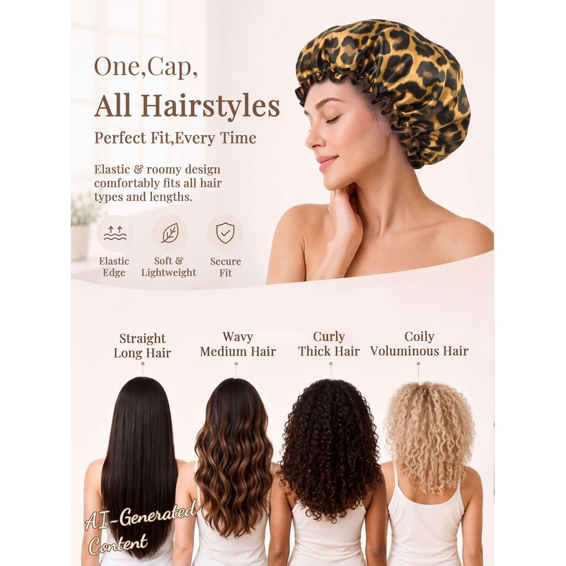 Leopard Satin-Lined Shower Cap for Girl Reusable Waterproof Women