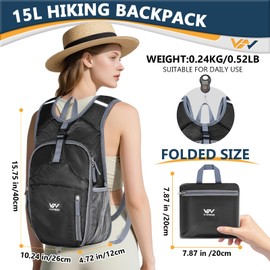 VHYBRIX 15L Hiking Backpack - Lightweight Small Packable Daypack Travel Outdoor Foldable Shoulder Bag Camping Hiking Backpack for Women Men - Black