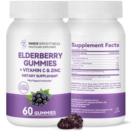 Inner Brightness Elderberry Gummies with Vitamin C & Zinc – Immune Support Supplement for Adults – Sambucus Black Elderberry 50mg per Gummy – Lemon & Raspberry Flavor – 60 Count – Non-GMO, Gluten Free