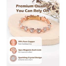 Jeracol Copper Bracelets for Women, Magnetic Bracelet with 4pcs Magnets each link&circular-cut crystals, 99% pure copper, Jewelry Gift (Rosegold)