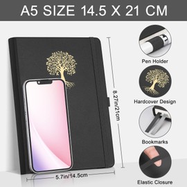 EMSHOI Dotted Notebook A5-100 GSM Hardcover Leather Dotted Journal with Sticky Notes, 192 Pages Dot Grid Notebook for Women Men Work School Bullet Journaling, 14.5 X 21 cm - Black