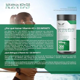 ETERNAL NUTRITION Infinity Vitamina D3 + K2 Liposomal Premium (300 Caps) | con Aceite de MCT y Folato Activo | 300 Porciones · 500 mg | Salud Ósea, Me