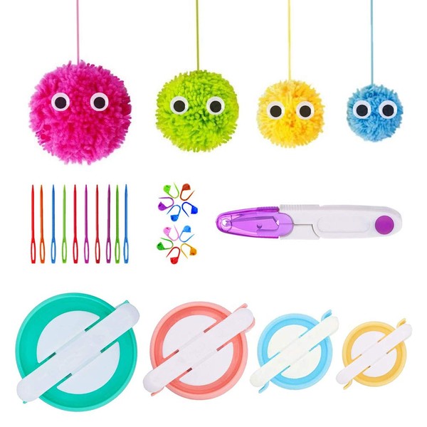 Pom Pom Maker, 4 Sizes Pompom Maker Tool Set for Fluff Ball Weave DIY Wool Yarn Knitting Craft Project for Kids and Adult +10PS Knitting Stitch Markers+10PS Plastic Needles+1PS Scissors