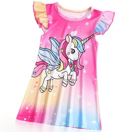 QYEHF Unicorn Nightdress, Girls' Nightgowns, Nightgowns for Girls, Unicorn Design, Summer Short Sleeve Sleepwear, Nightdress, 2-12 Years, pink, M