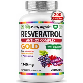 Resveratrol, Gold 200 Cápsulas | Transresveratrol + Polifenoles, Betacaroteno, Licopeno y Vitamina C | Complejo de Antioxidantes | 100% Vegano | Purely Organics.
