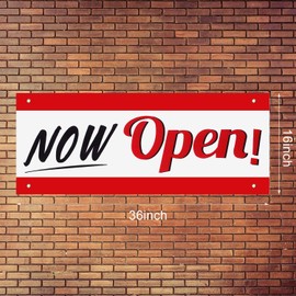 Now Open Sign Banner, Business Open Flag Now Open Vinyl Sign Banner with Rope for Business Advertisement Store Sign, 16 x 39 Inch