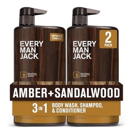 Every Man Jack ámbar + sándalo lavado hidratante para hombres 3 en 1 para todo tipo de piel y cabello - Gel corporal, champú y acondicionador con ingr
