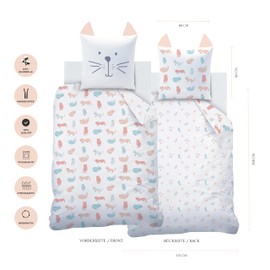 MTOnlinehandel Children's Bedding Set 135 x 200 cm + 80 x 80 cm, 100% Cotton, Cute Cat Meau Cat Motif, Funny Bed Linen with Ears, Zip (Cat)