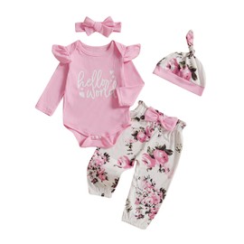 XIXIMAON Baby Girl Spring Outfit Letter Print Long Sleeve Ruffle Ribbed Romper Bow Floral Long Pants Headband Hat 4pcs Newborn Fall Clothes Set (Pink, 0-3 Months)